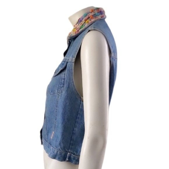 Vintage JouJou 80s 90s Rainbow Candy Look Sequin Beaded Collar Denim Vest ML - Picture 6 of 11